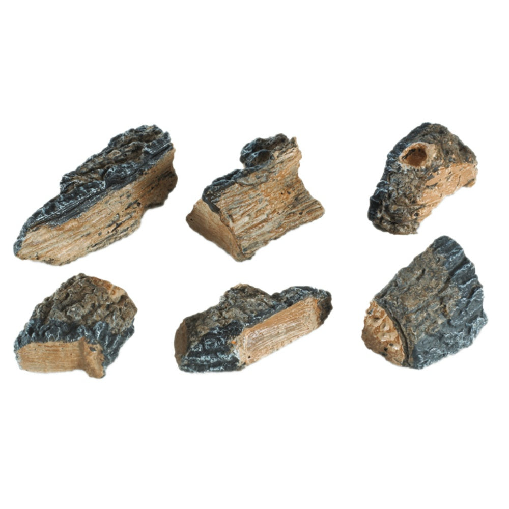 Set of six charred wood chips with dark outer bark and light wood interior