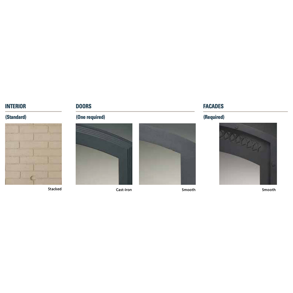 Fireplace finish options diagram: cast-iron door, stacked interior, smooth facade