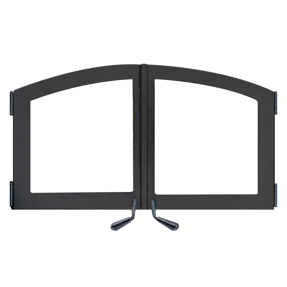 Double-door wood-burning fireplace insert with black steel frame and two glass windows