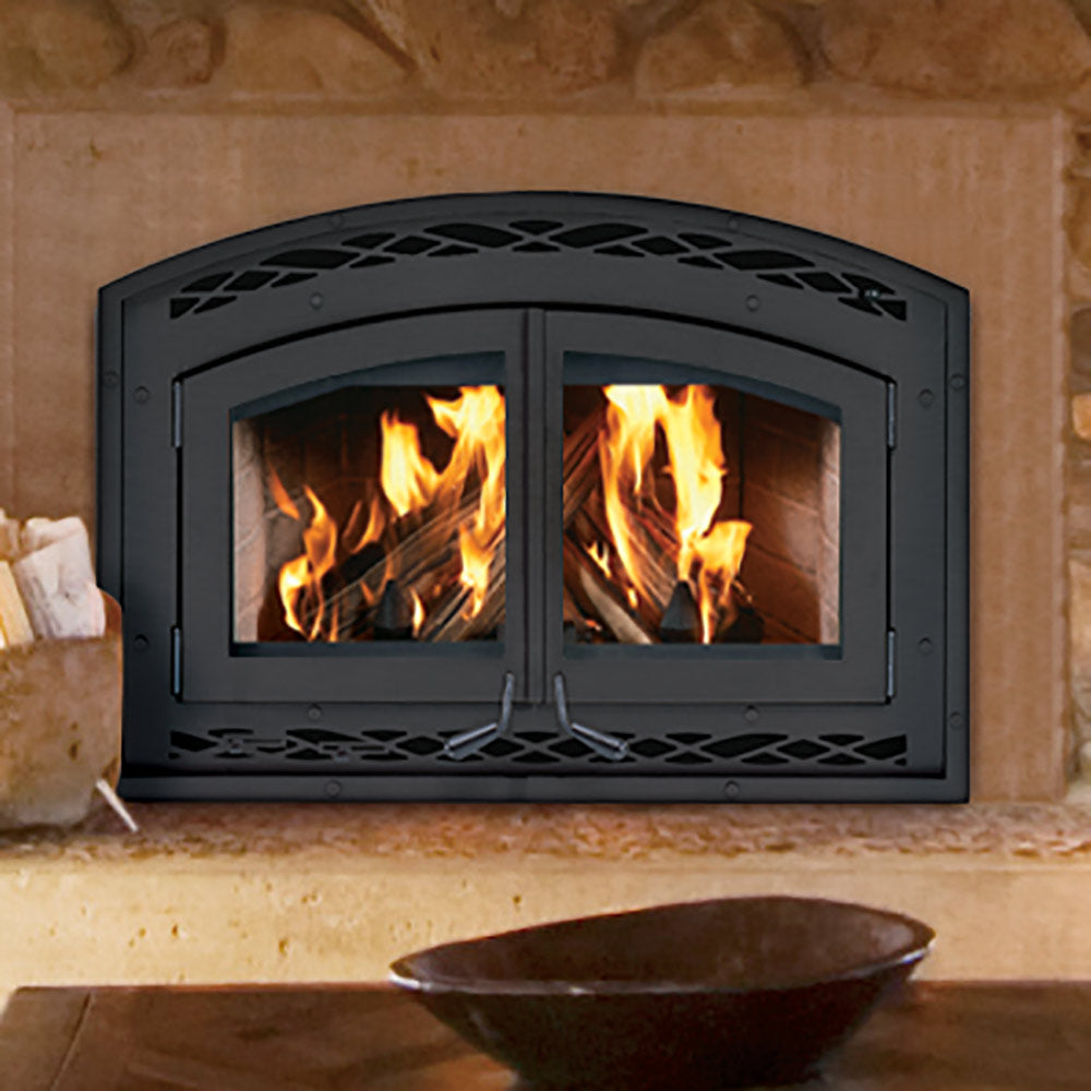 Wood-burning fireplace insert with black steel double doors and two glass panels with flames