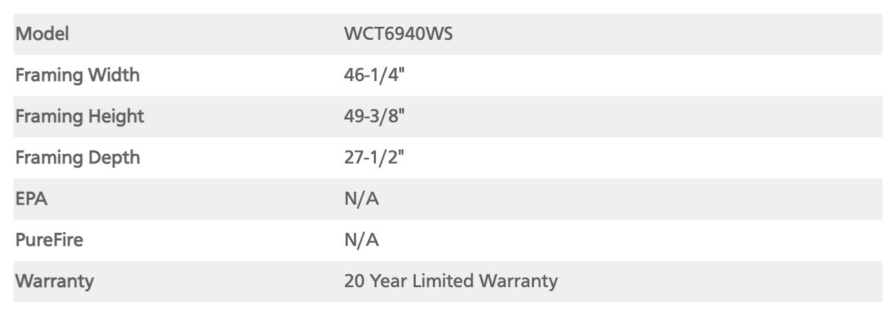 Wood-burning fireplace specs table showing model WCT6940WS and framing dimensions