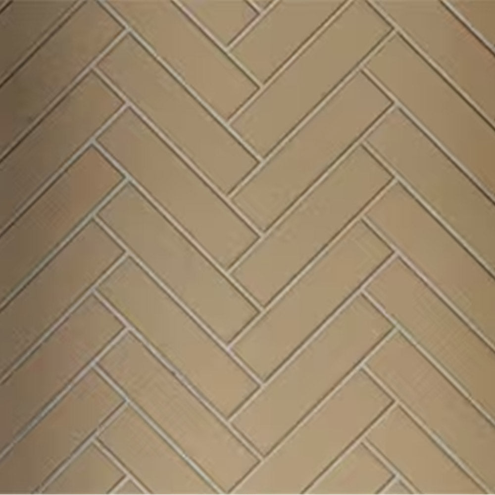 Fireplace hearth extension in beige herringbone brick pattern