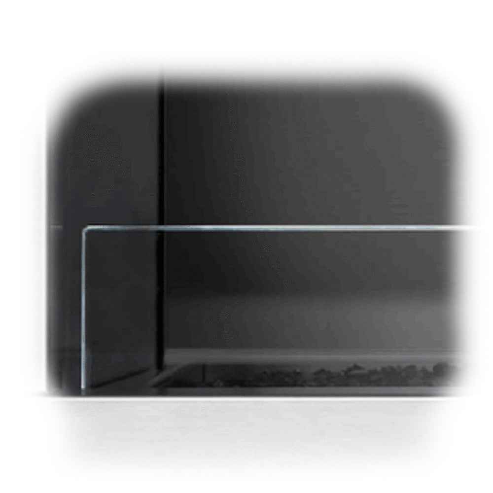 Outdoor linear fireplace glass wind guard, dark panel with silver metal frame