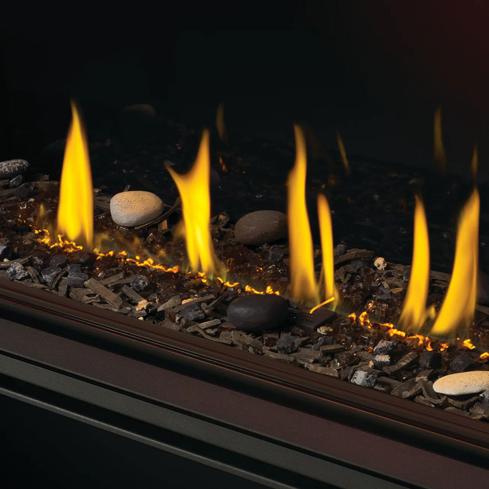 Fireplace media enhancement kit with embers, stones, and multiple yellow flames