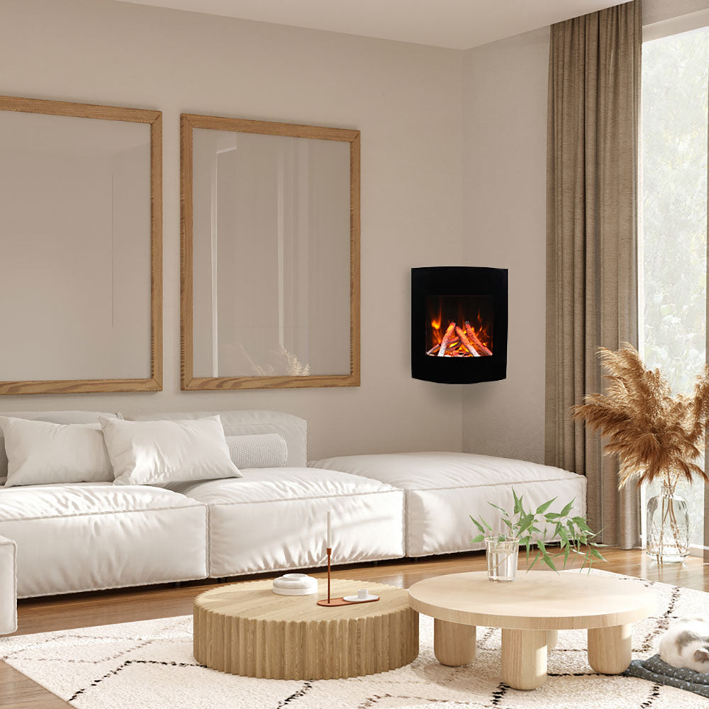 Black wall electric fireplace with orange flame effect and log display