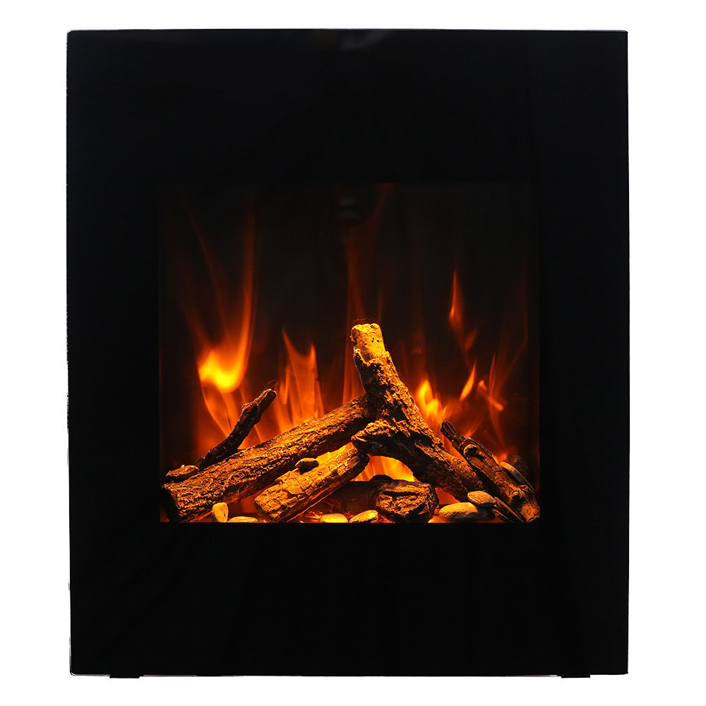 Black square built-in electric fireplace with flame effect and log display