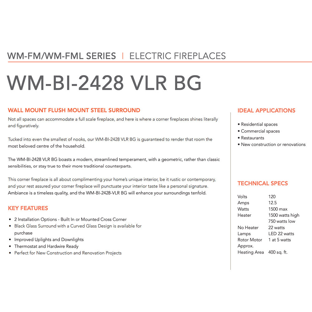 Amantii WM-BI-2428-VLR-BG Zero Clearance Series Built-In Smart Electric Fireplace