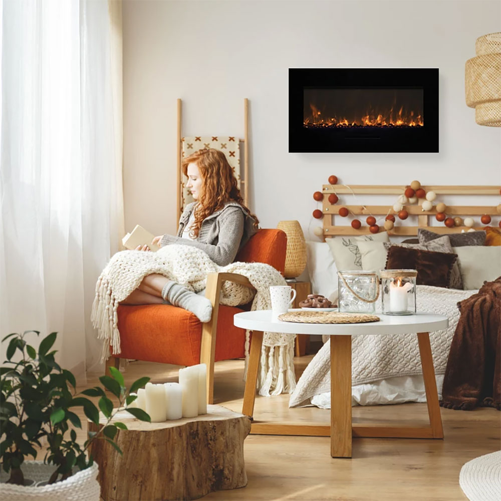 Amantii WM-FM Wall Mount/Built-In Smart Electric Fireplace with Logs and Glass Surround