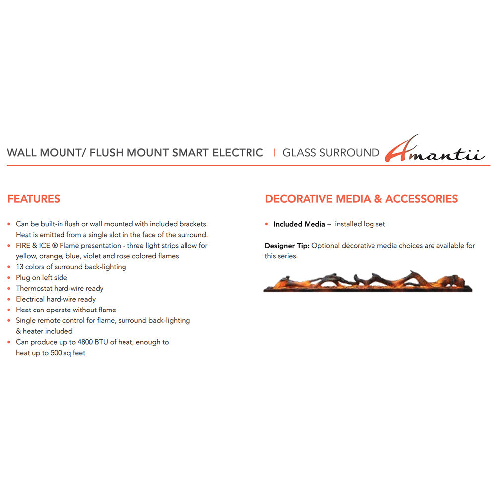 Amantii WM-FM Wall Mount/Built-In Smart Electric Fireplace with Logs and Glass Surround
