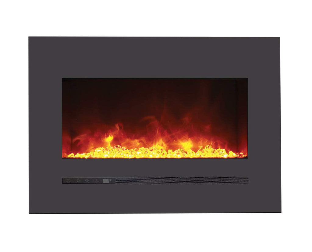 Built-in electric fireplace with dark steel surround, flame view, and control bar below