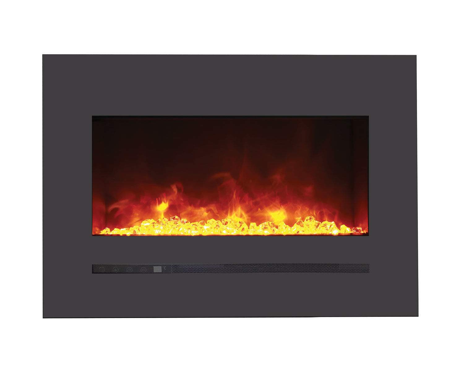 Built-in electric fireplace with dark steel surround, flame view, and control bar below