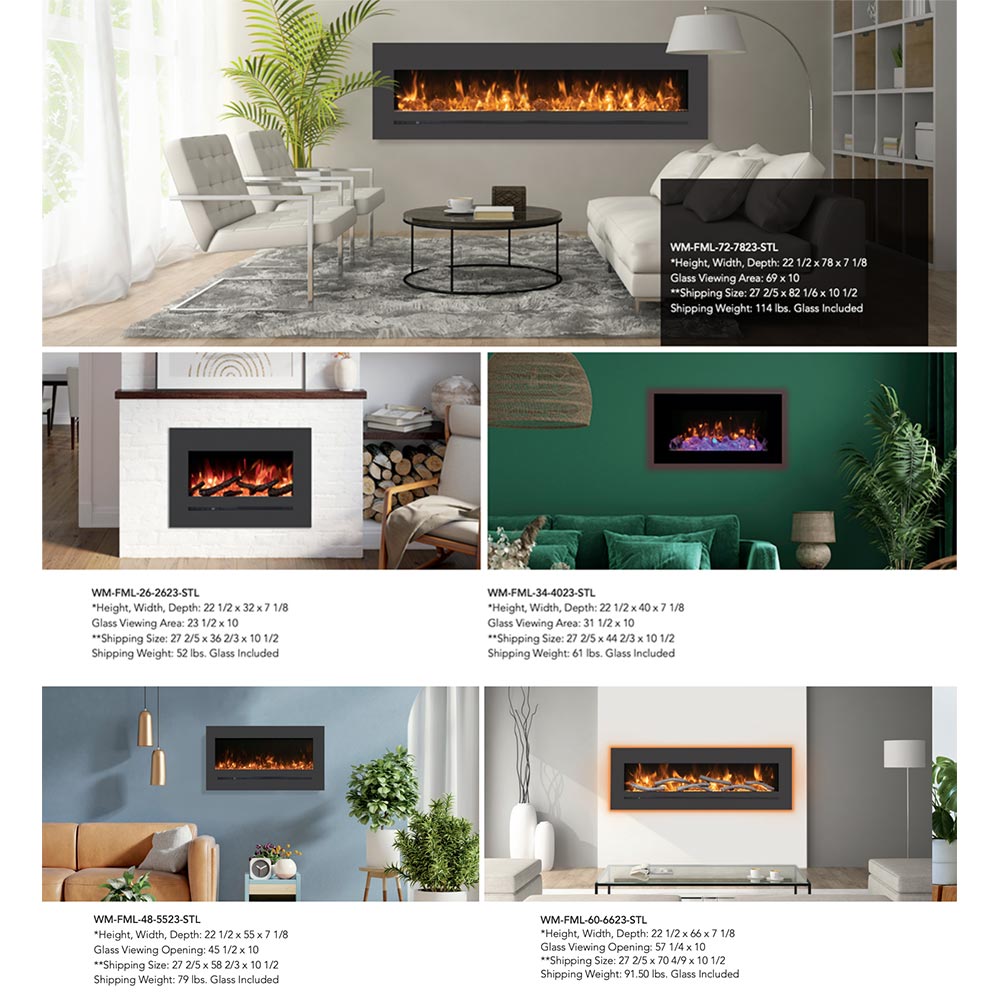 Wall-mount electric fireplace with steel surround, black glass window showing orange flame