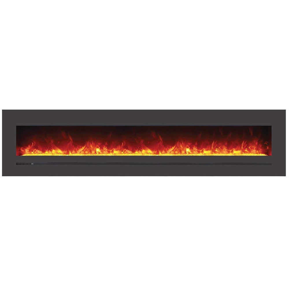 Built-in electric fireplace with dark steel surround and glowing flame effect
