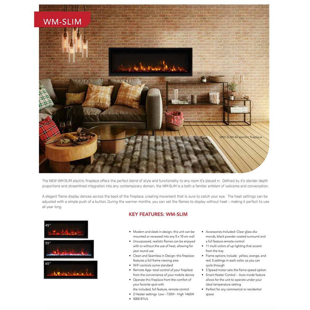 Slim black wall-mounted electric fireplace with glowing flame display