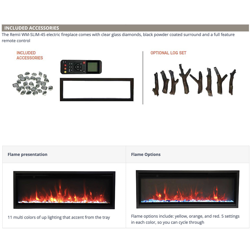 Included accessories kit: remote, clear glass diamond media, optional log set