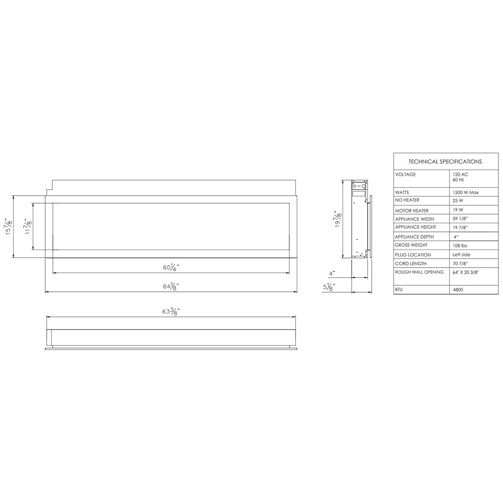 Wall-mount electric fireplace dimension diagram with slim black steel surround