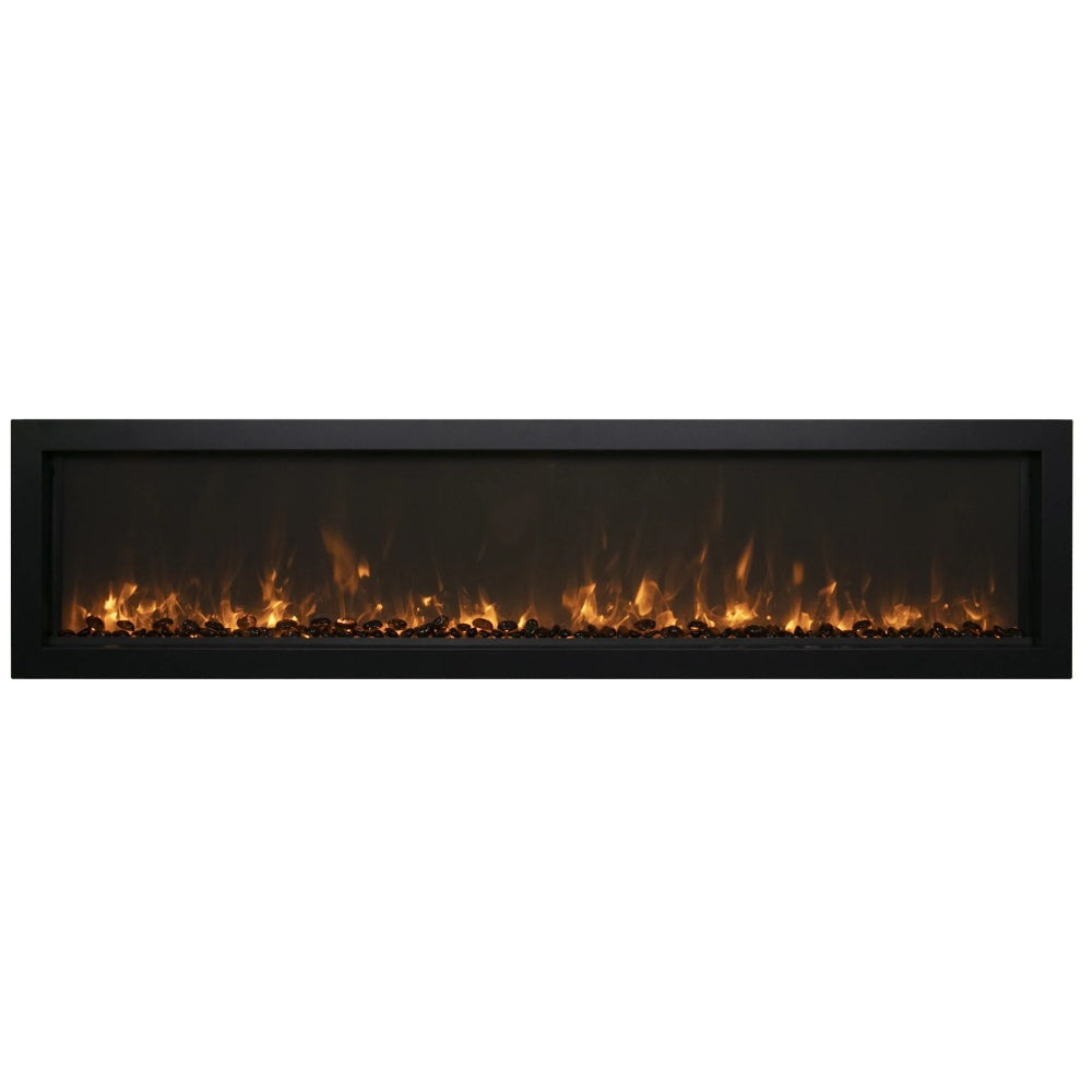 Wall-mount electric fireplace with slim black frame and glowing orange flame display