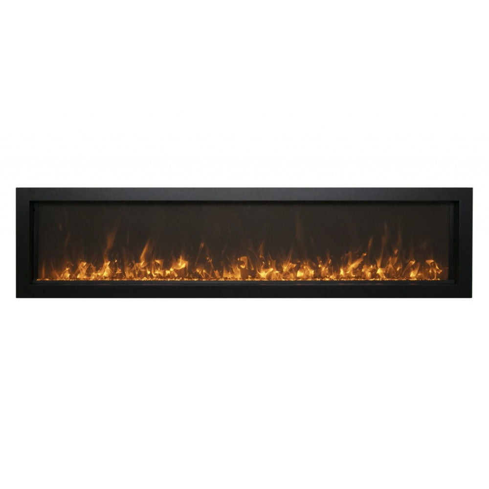 Slim wall-mount electric fireplace with dark glass and bright orange flames behind frame