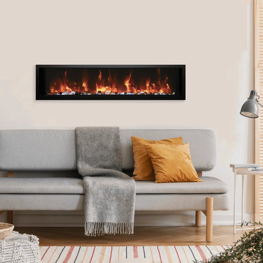 Wall-mounted slim electric fireplace with black frame and glowing orange flame screen