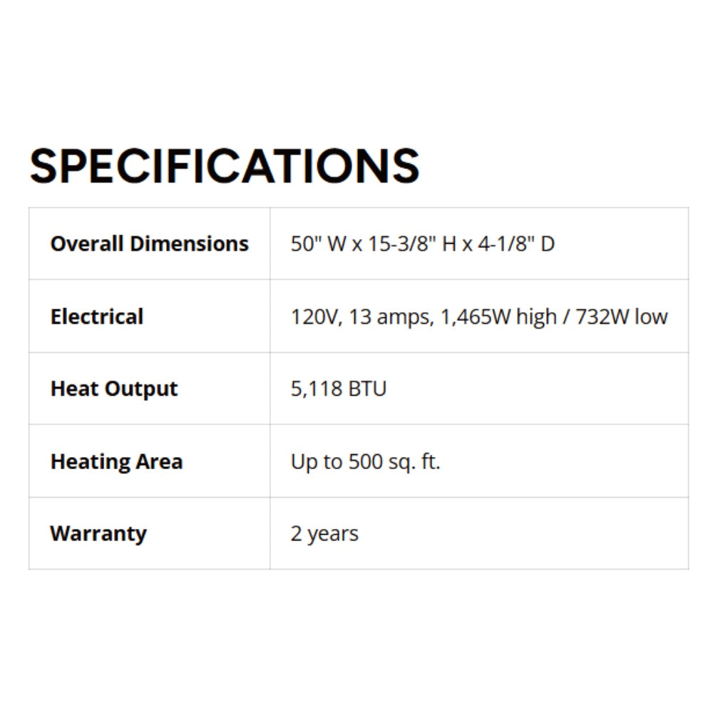 Electric fireplace specifications table with dimensions, electrical details, and heating output