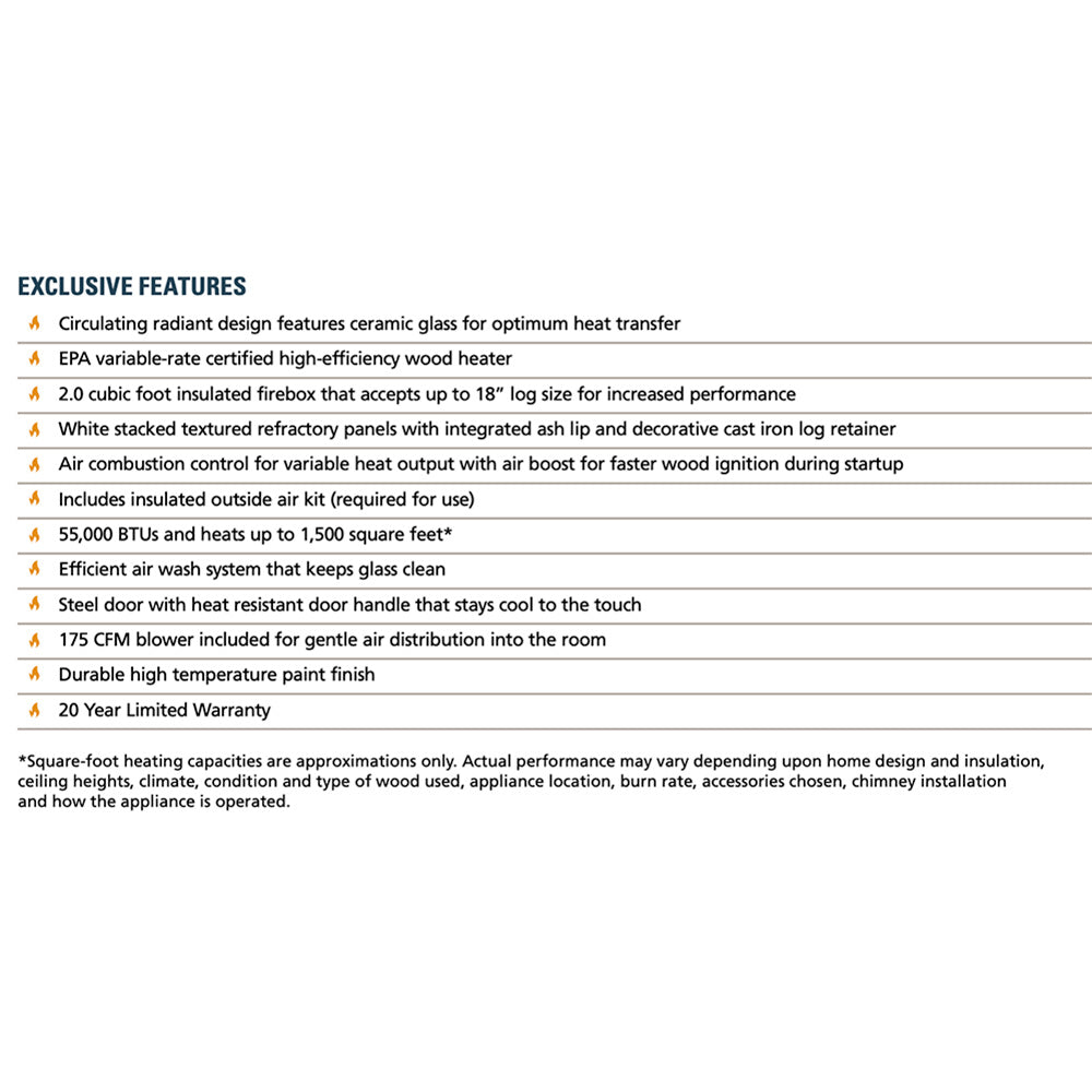 Printed features list for wood-burning fireplace, including EPA certification and BTU