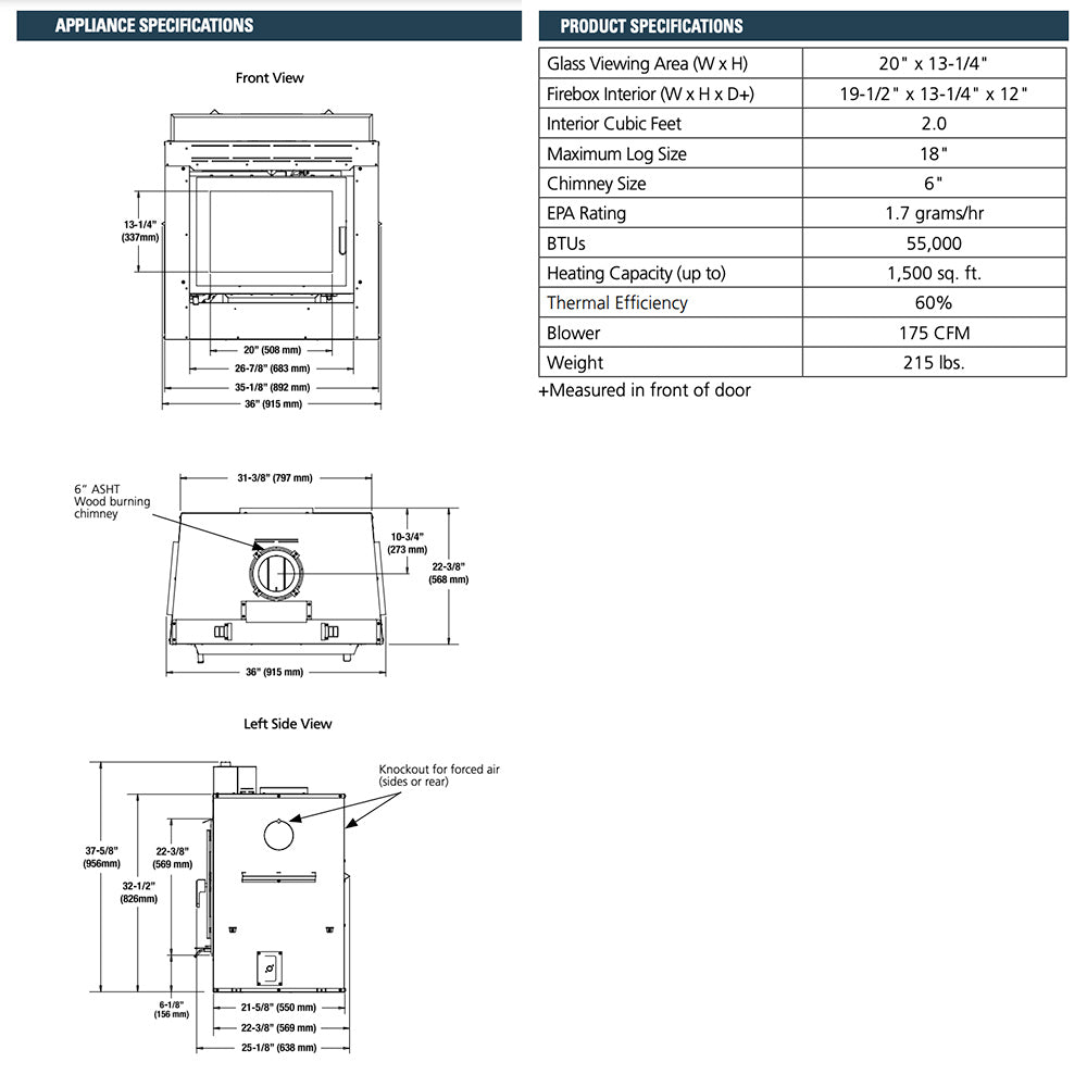 Appliance specifications diagram with glass size, firebox, and dimensions for wood heater