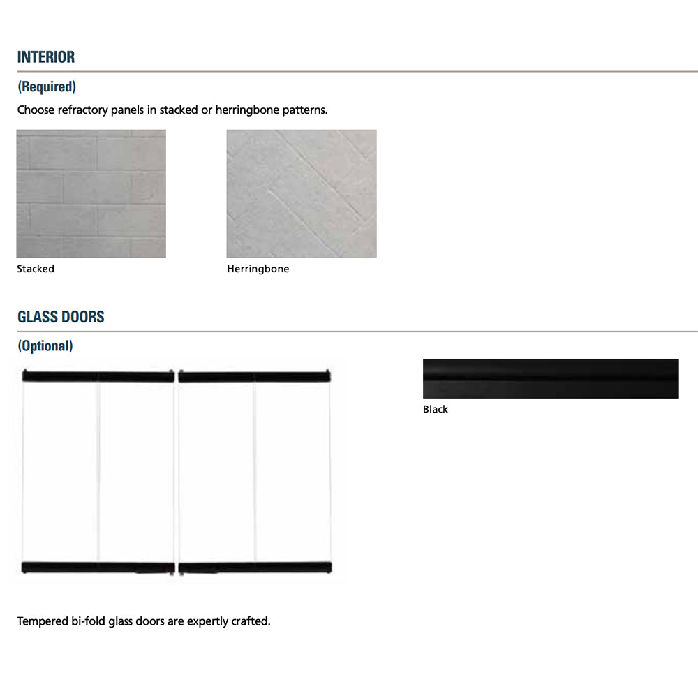 Fireplace refractory panel patterns and black tempered glass door option diagram