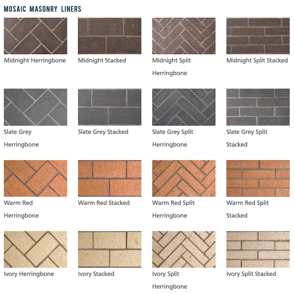 Mosaic masonry liner swatches for stacked, herringbone, split patterns and colors