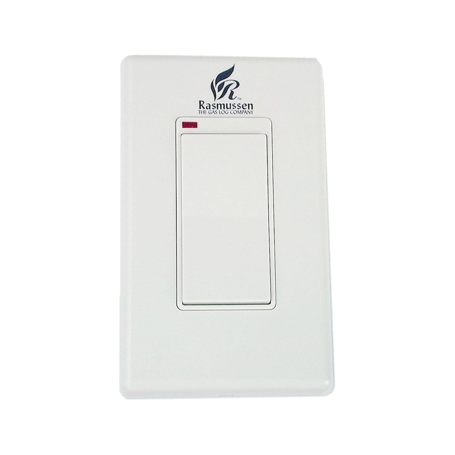 Wireless fireplace remote wall switch, white faceplate with rectangular rocker and Rasmussen logo