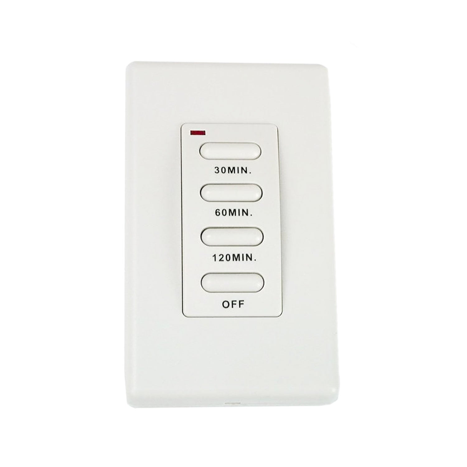 White wall timer remote control with buttons labeled 30MIN, 60MIN, 120MIN, and OFF