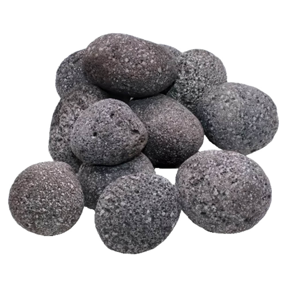 Dark gray and black lava stones, smooth rounded 1–2 inch pieces