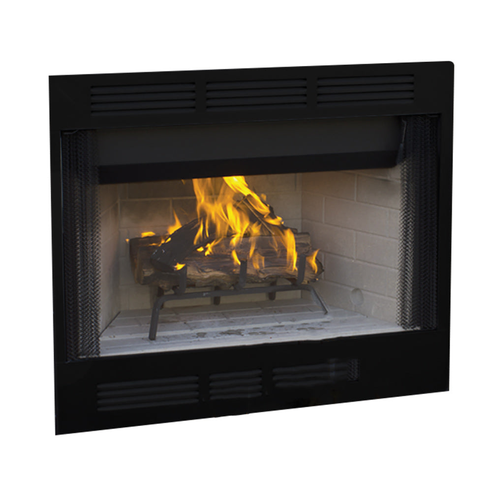 Wood-burning fireplace insert with black surround and visible flames behind mesh screen