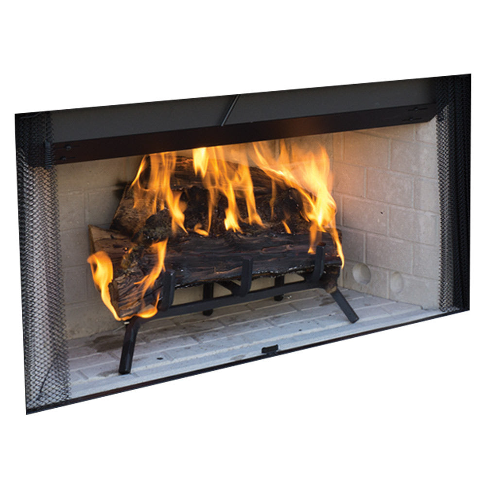 Wood-burning fireplace with black firebox and glowing logs