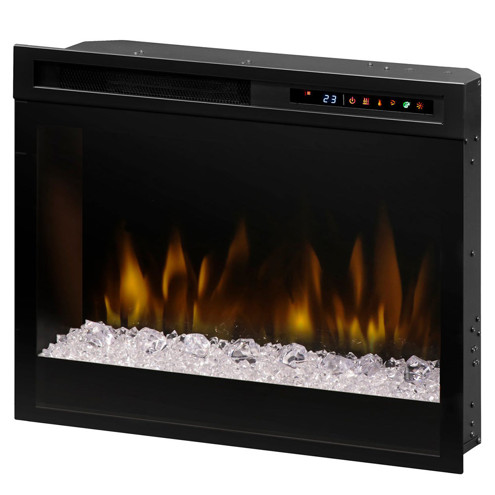 Black electric firebox with clear ice media and glowing orange flame effect