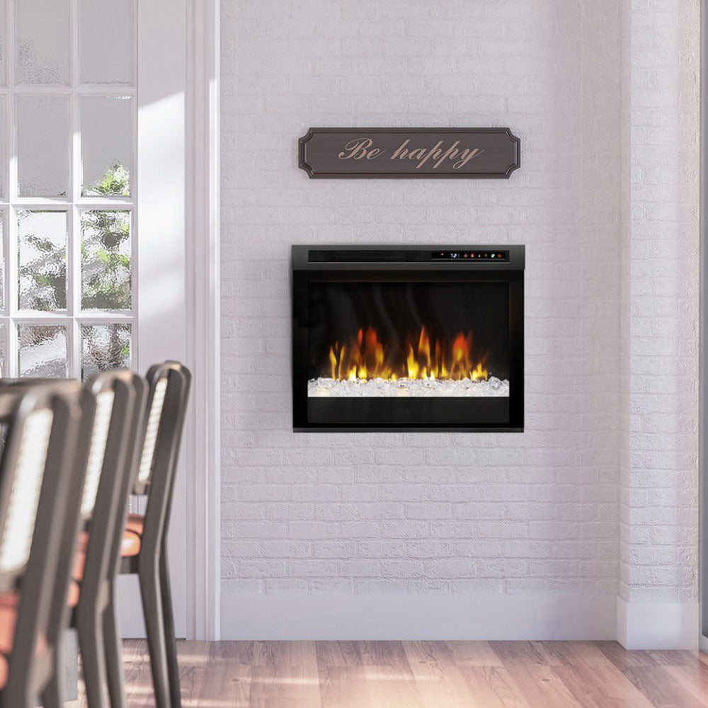 Black electric firebox inset in wall, with glowing flames behind glass