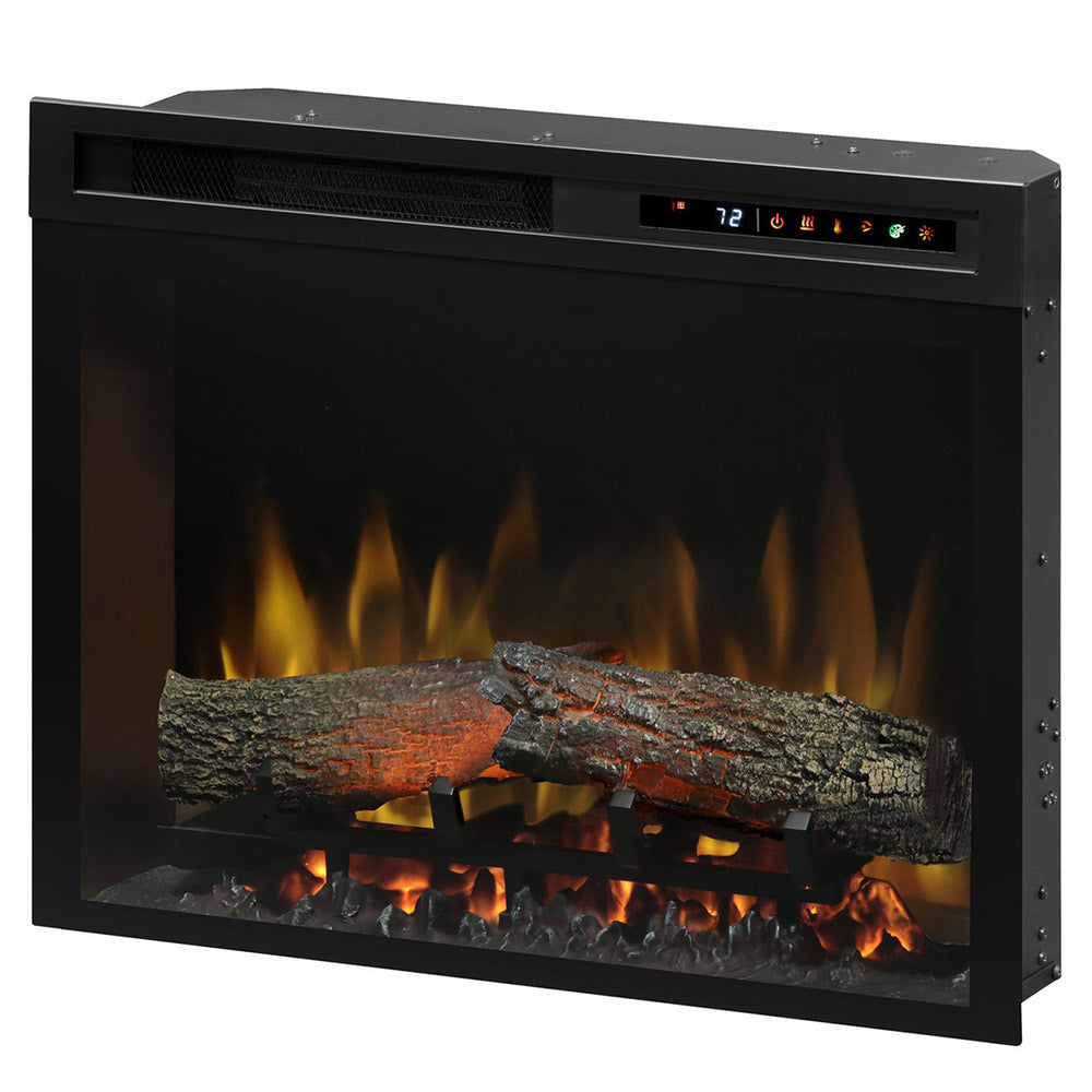 Black electric firebox with faux logs and bright flames, with top control panel