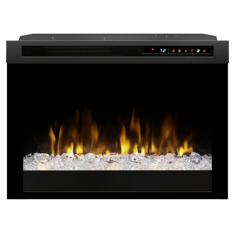 Electric firebox with black frame, flames over clear ice-like media and glowing stones