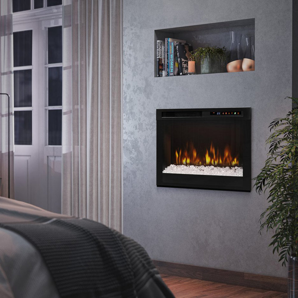Wall-mounted black electric firebox with flame effects and light media