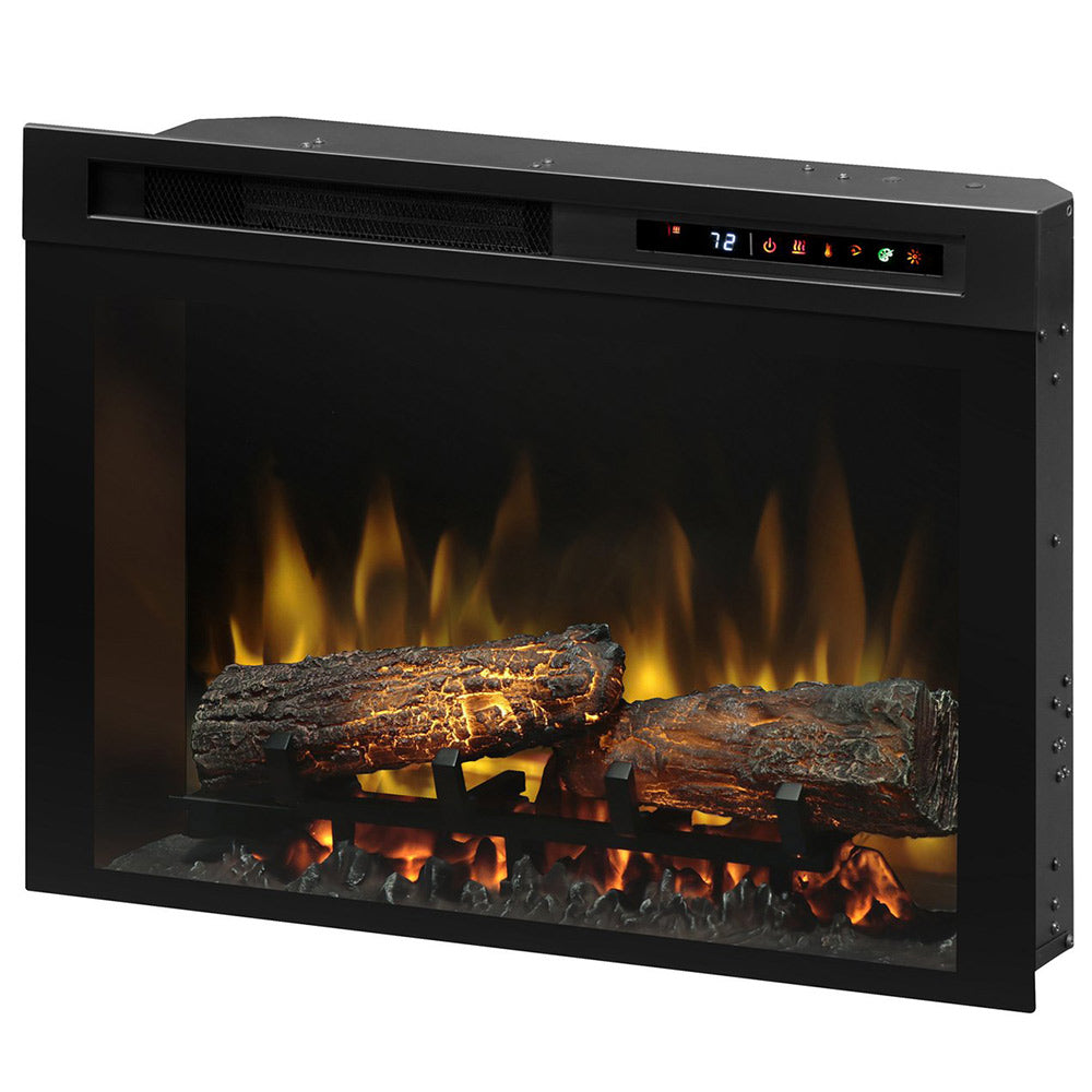 Black wall electric firebox showing burning logs and ember glow
