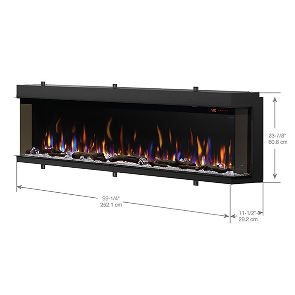 Built-in linear electric fireplace with flame effect and size measurements