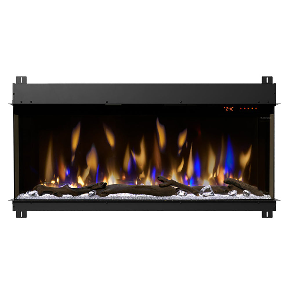 Linear electric fireplace insert with illuminated flame bed and black metal frame