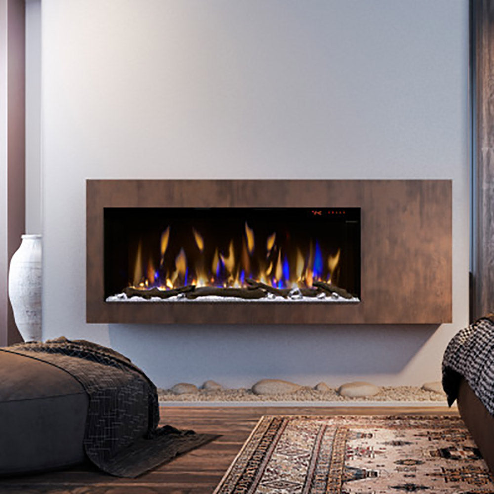 Built-in linear electric fireplace with flame display in dark wood surround