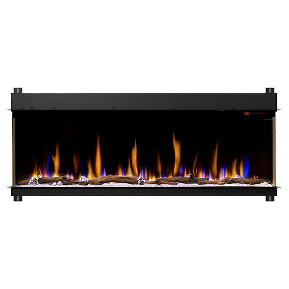 60-inch linear electric fireplace with glowing flames and black built-in frame