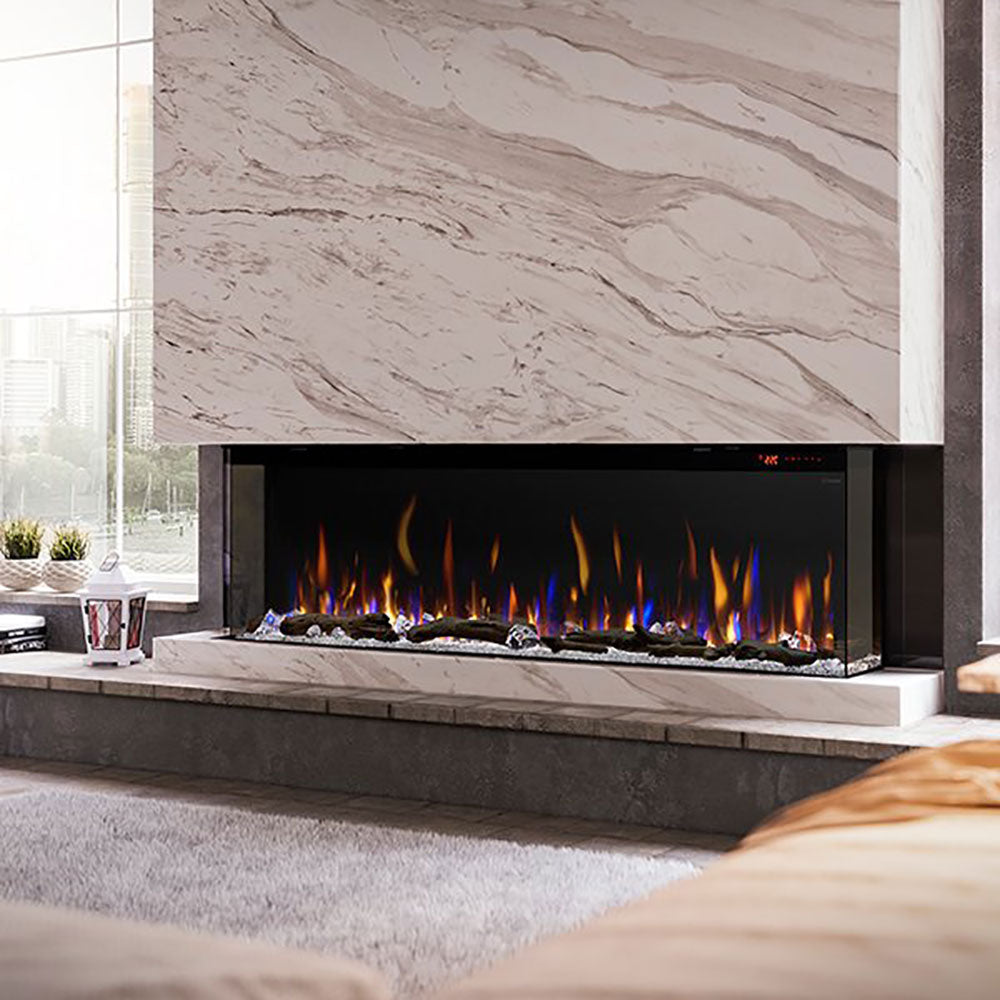 Built-in linear electric fireplace insert with glowing flame display and black surround