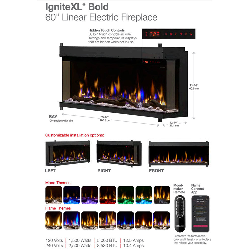 60-inch linear electric fireplace front diagram with black frame and top controls