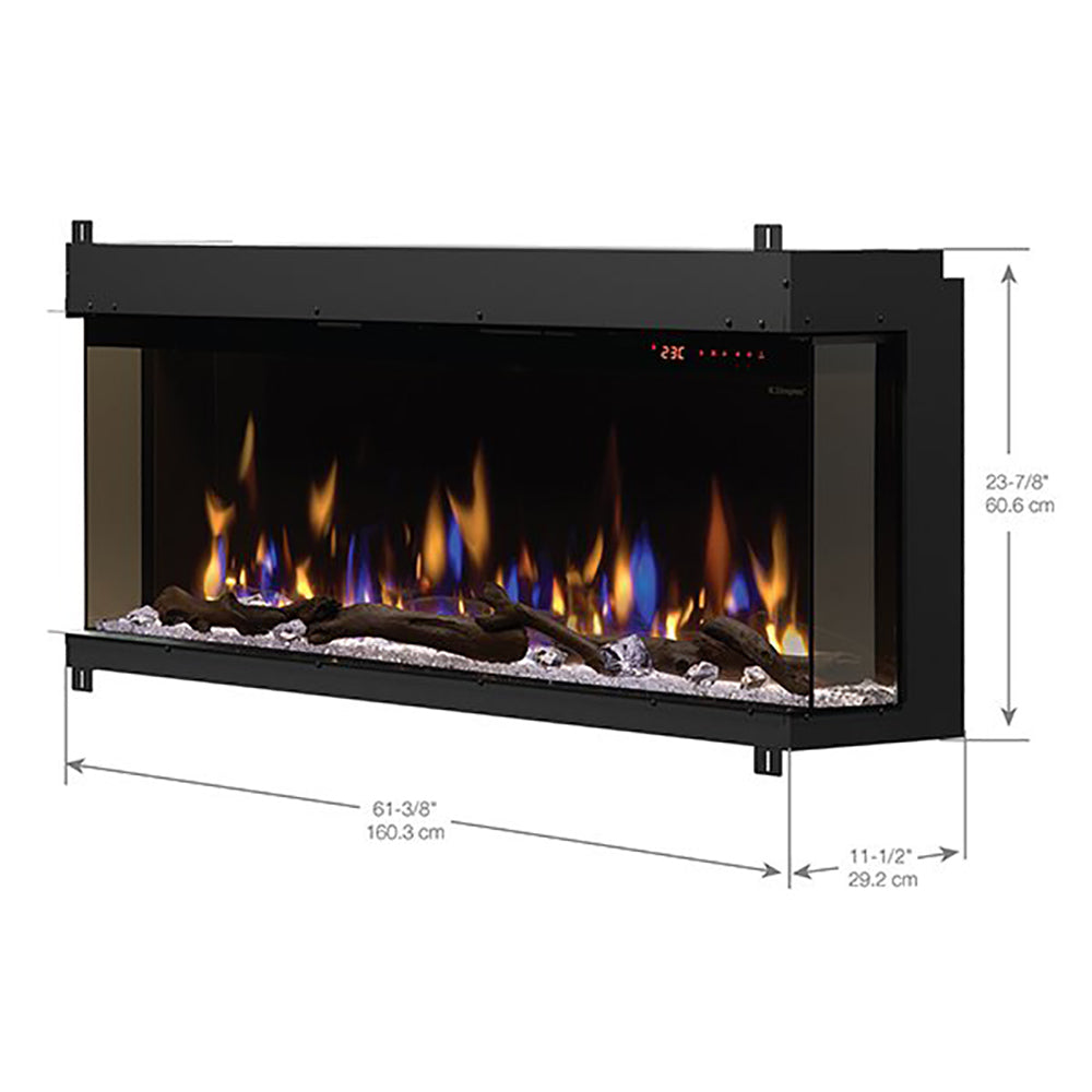 60-inch linear electric fireplace front view with flame effect and black frame dimensions