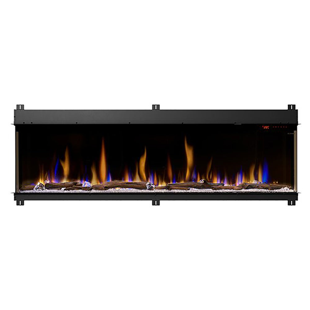 Linear electric fireplace with dark built-in frame and realistic flame effect, 74 in