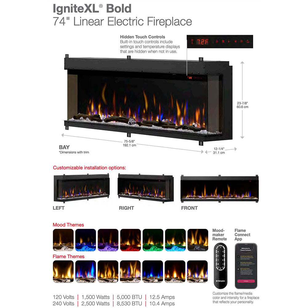 Dimplex IgniteXL Bold Deep Built-In Linear Electric Fireplace, 74-Inch