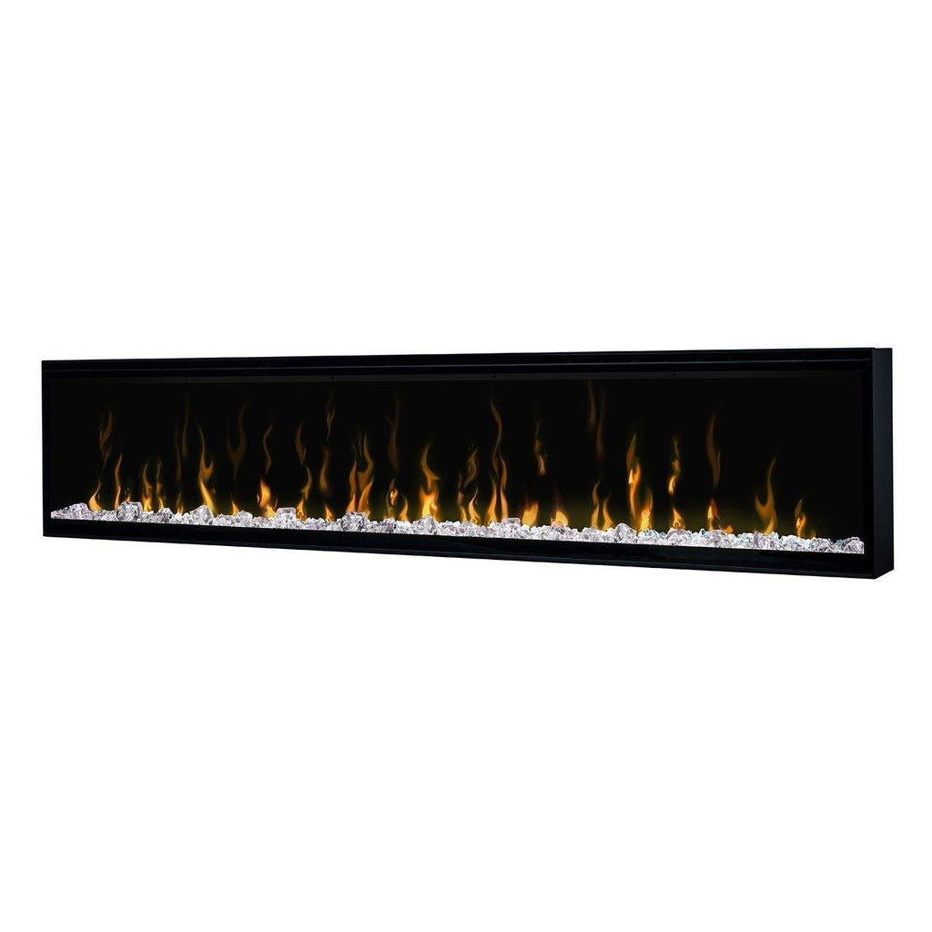 Built-in linear electric fireplace with black frame and glowing flame effect