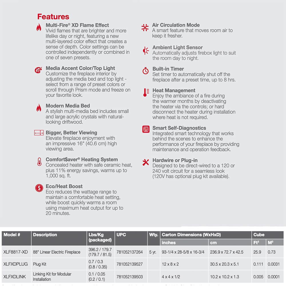 88-inch linear electric fireplace specifications chart with model details and dimensions